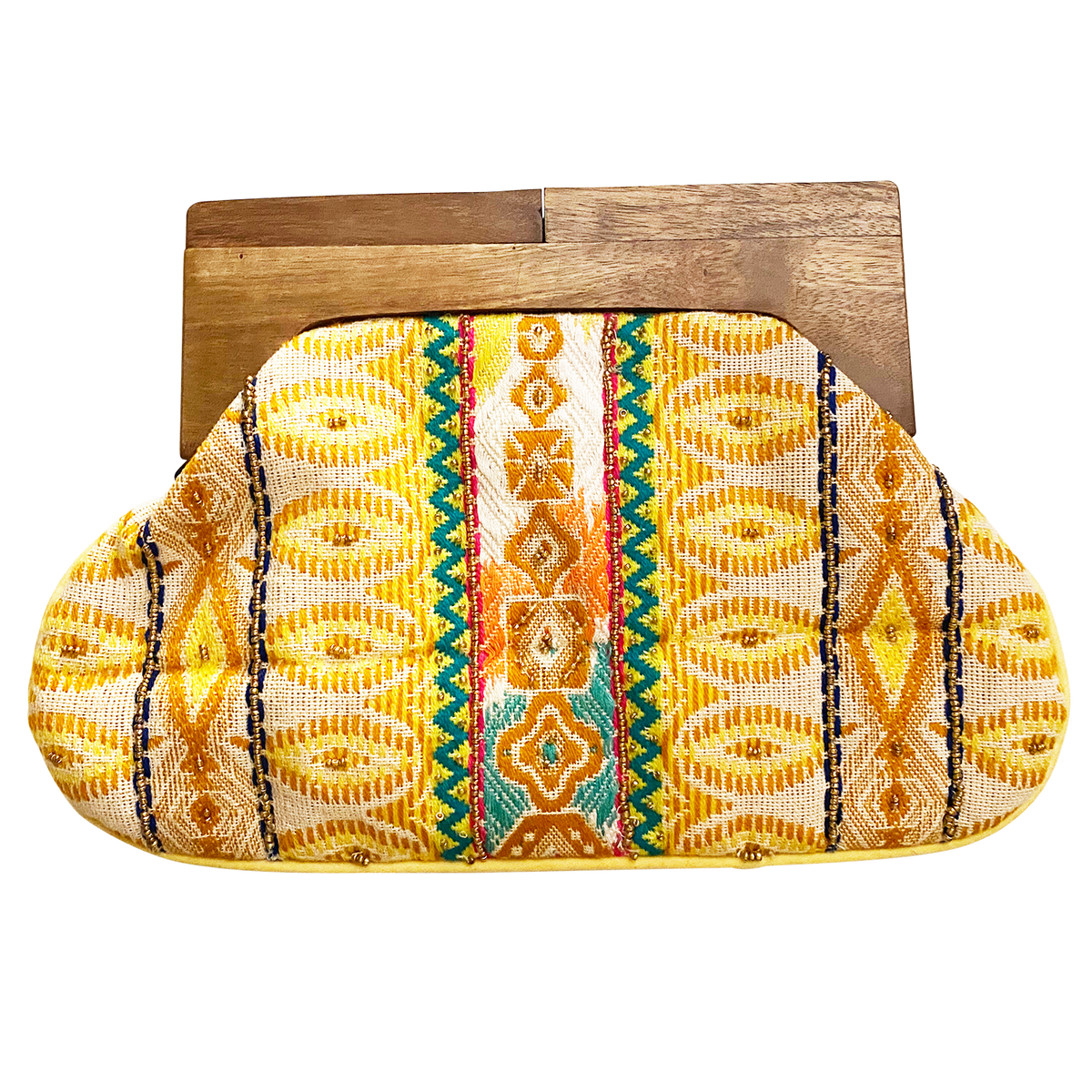 Beaded Clutch with Wooden Handle, Gold/Green