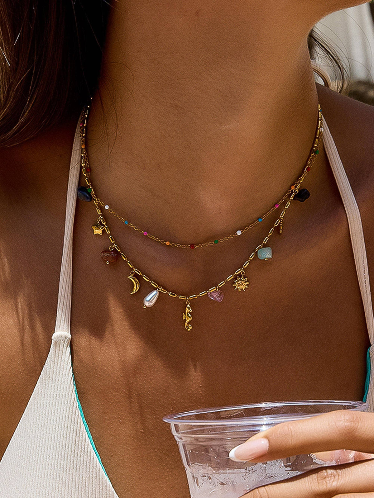 18K Gold Non-Tarnish Seahorse Charm Layered Necklace: Multi-Colored