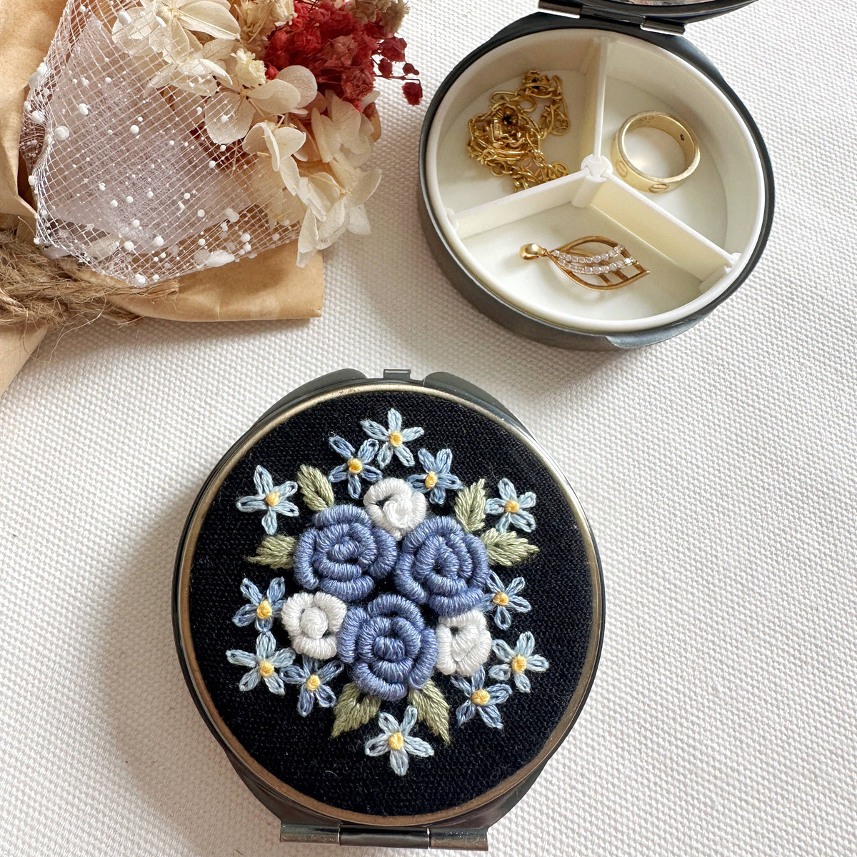 Floral Embroidered Round Jewelry Box With Mirror: Blue Roses