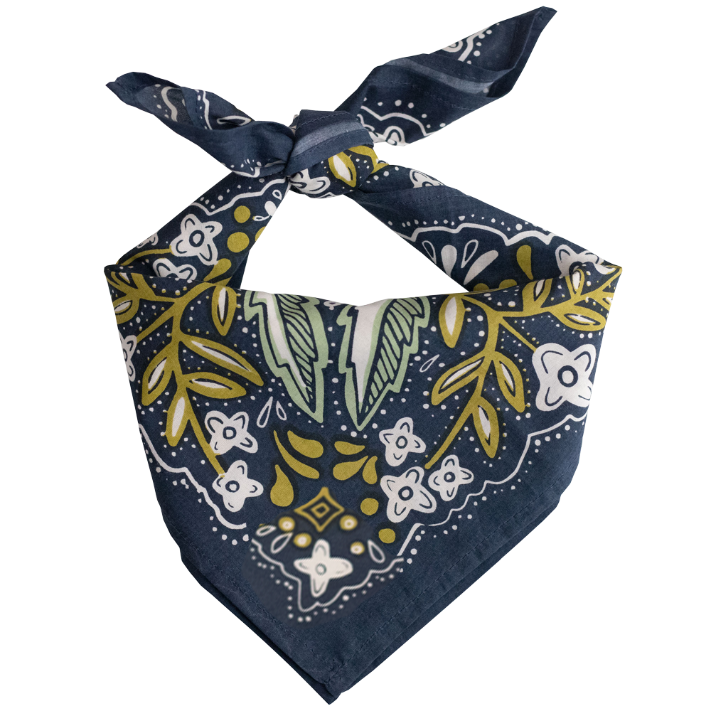 Navy blue bandana with floral pattern on a white background