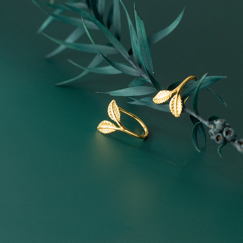 Tiny Leaf Branch Hook Hoop Earrings in 925 Sterling Silver: Gold