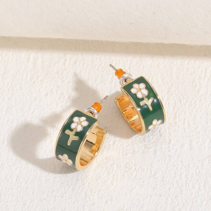 Cloisonne Aztec Huggie Hoop Earrings, Dark Green