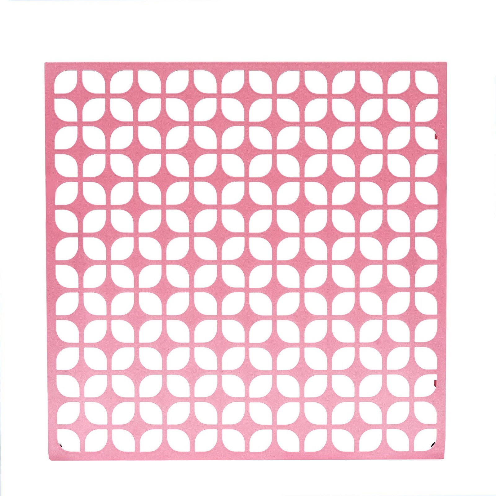 Pink and turquoise plastic grid wall organizers mounted on a white wall, with small colorful items pinned to the pink one.