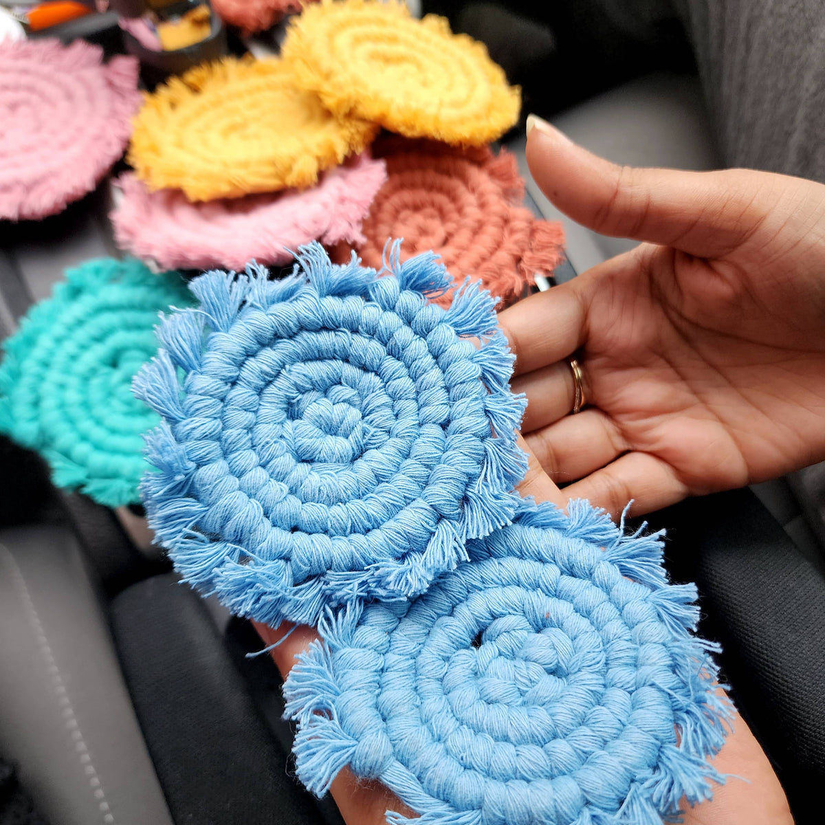 Macramé Car Coasters, Set of 2 in Sunshine Yellow &amp; Ocean Teal