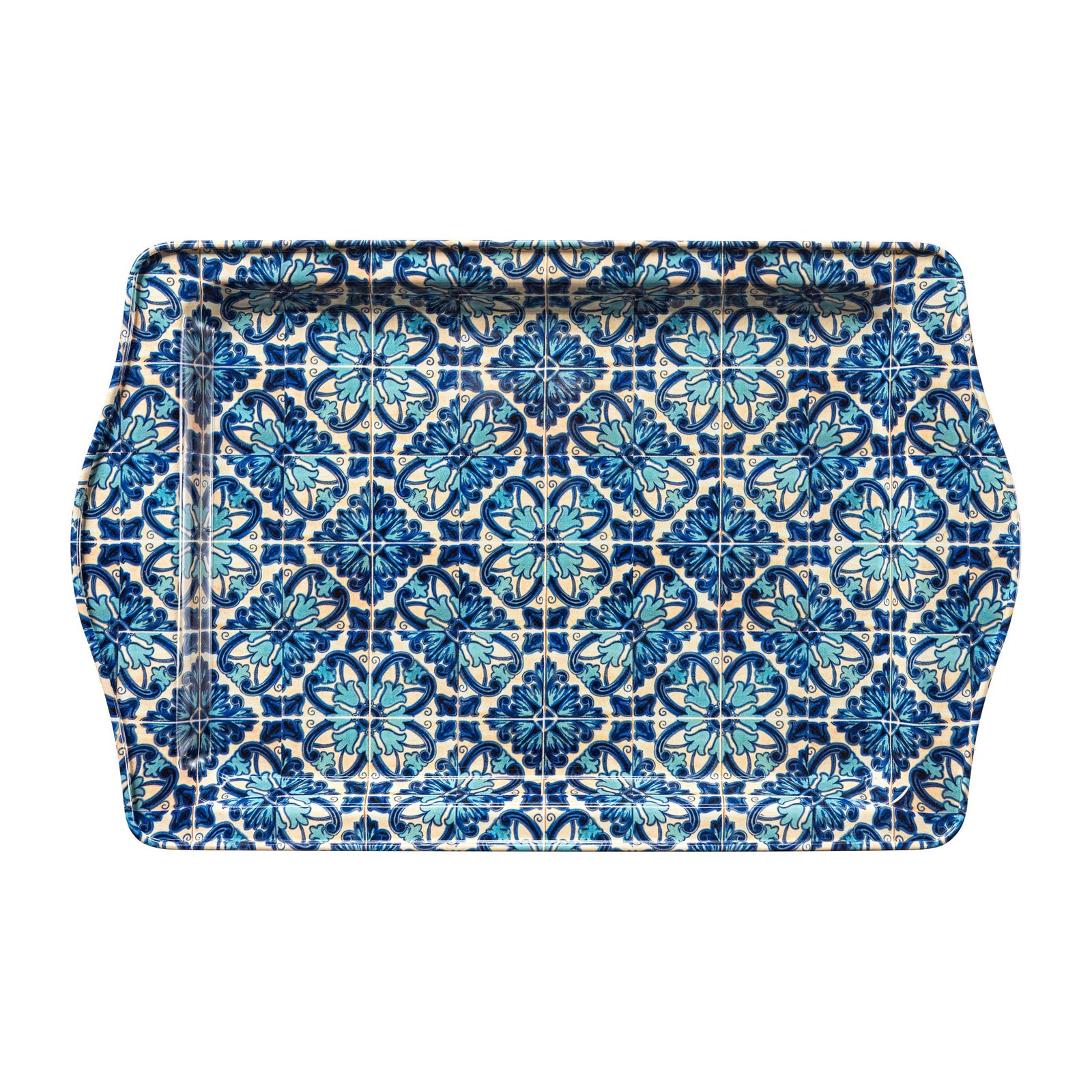 A rectangular tray with rounded corners and integrated handles, featuring a detailed blue and white floral tile pattern, shown against a plain white background.