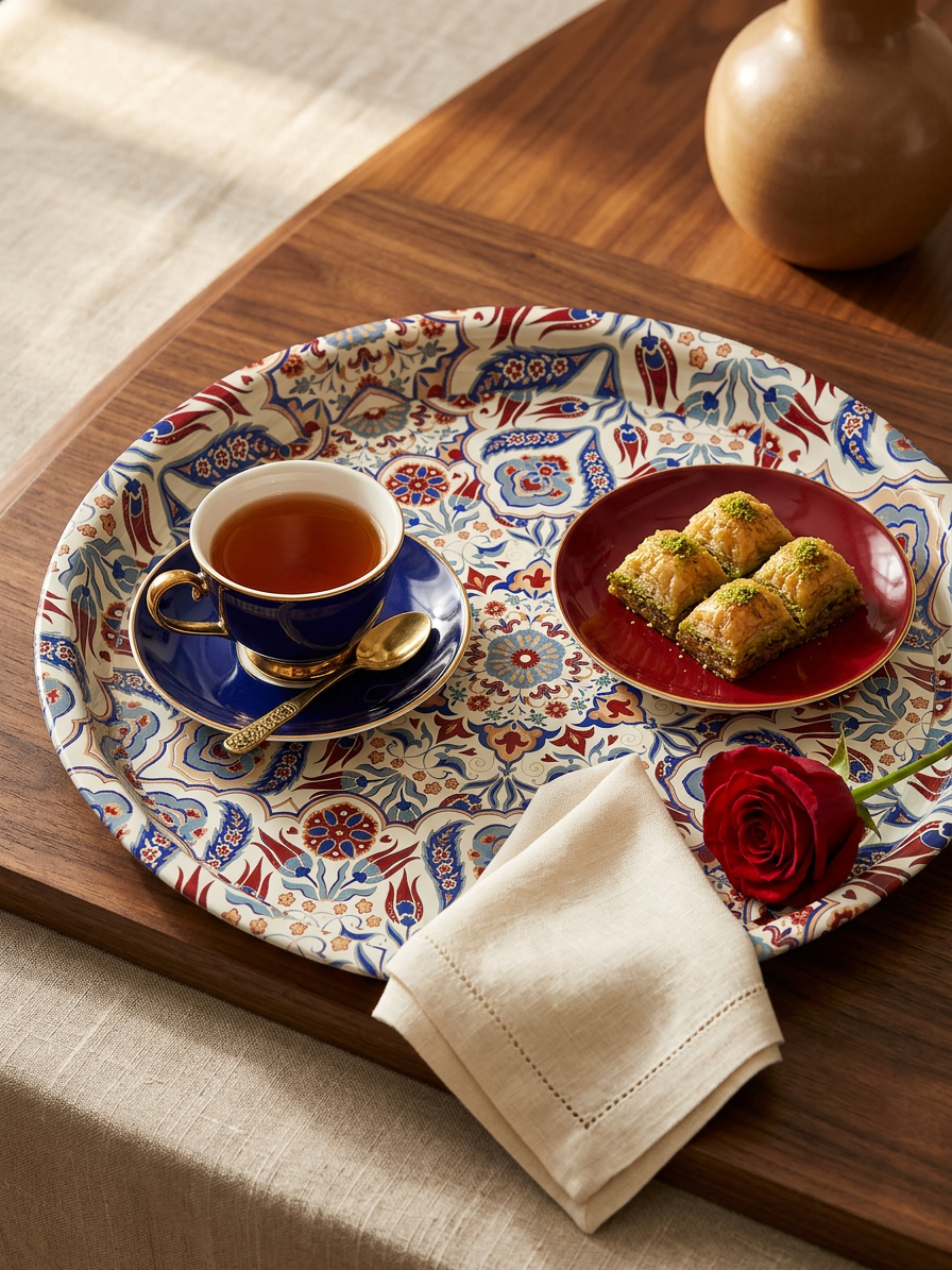 A round Moroccan-style metal serving tray with an intricate multicolor geometric pattern, displayed on a rustic wooden table alongside a matching patterned cup, a brass lantern, and a small bowl of dates.