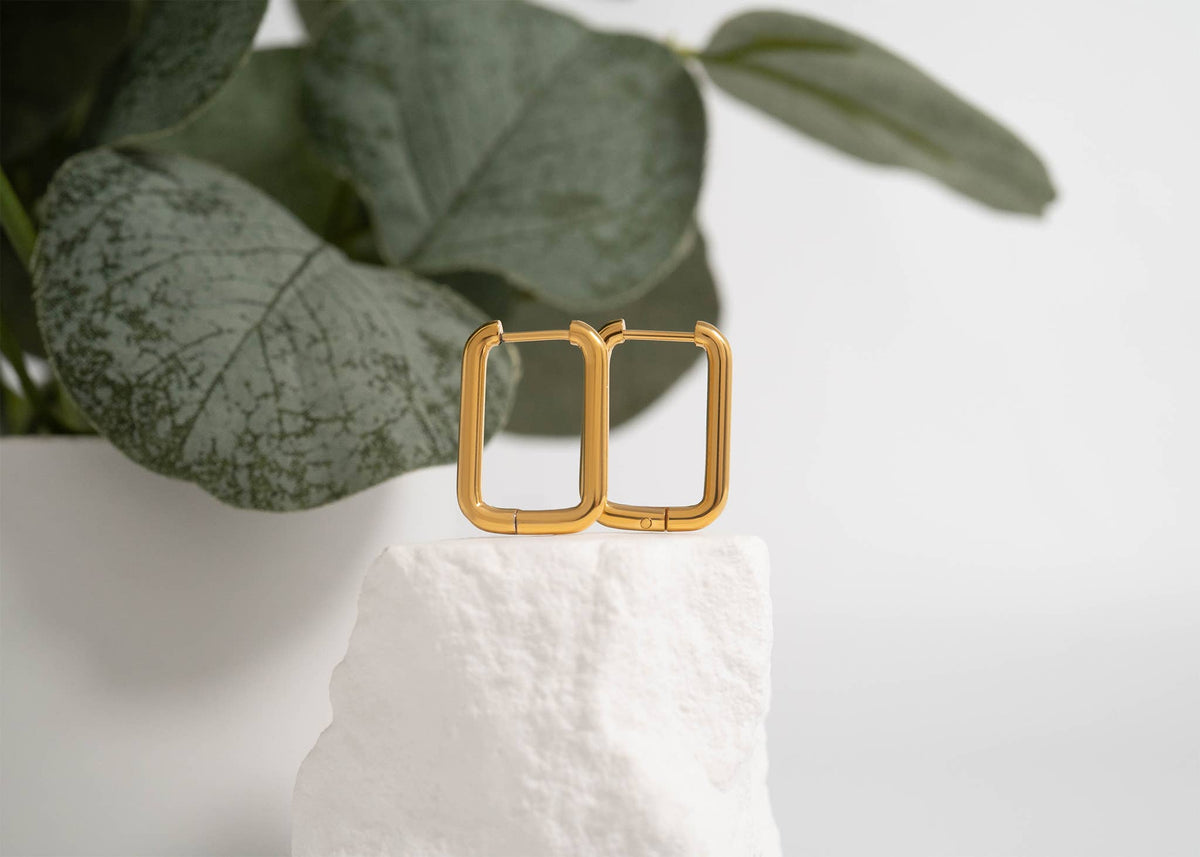 18K Gold PVD Rounded Rectangle Everyday Huggie Earrings: Stainless