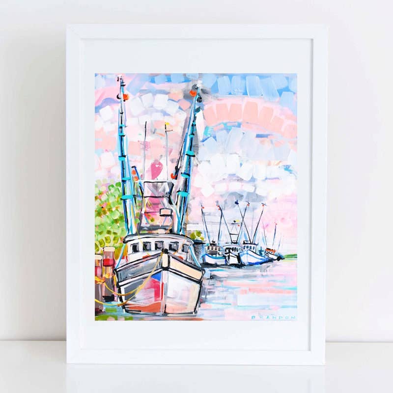Colorful painting of boats on a white background