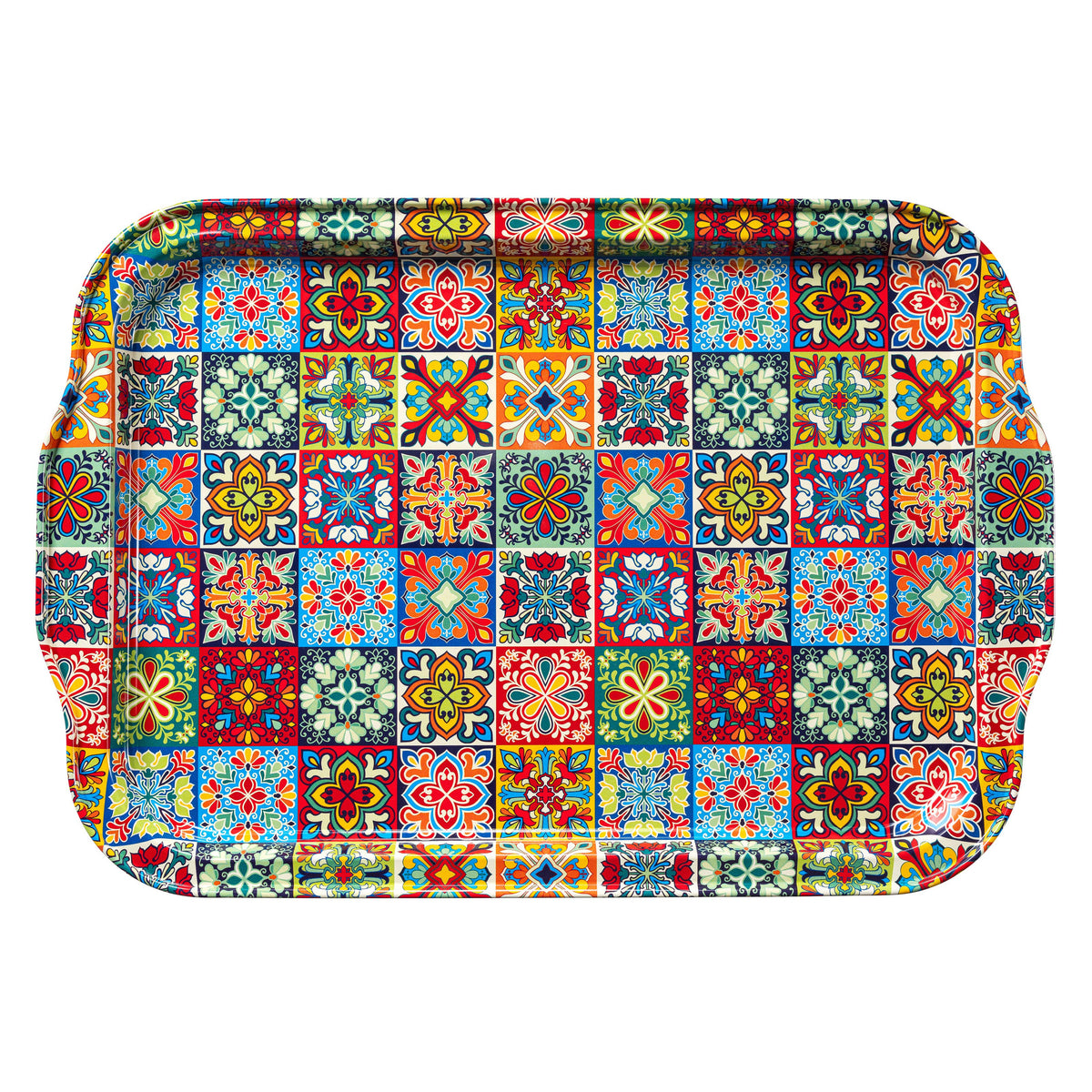 Colorful patterned tray with a geometric design on a white background