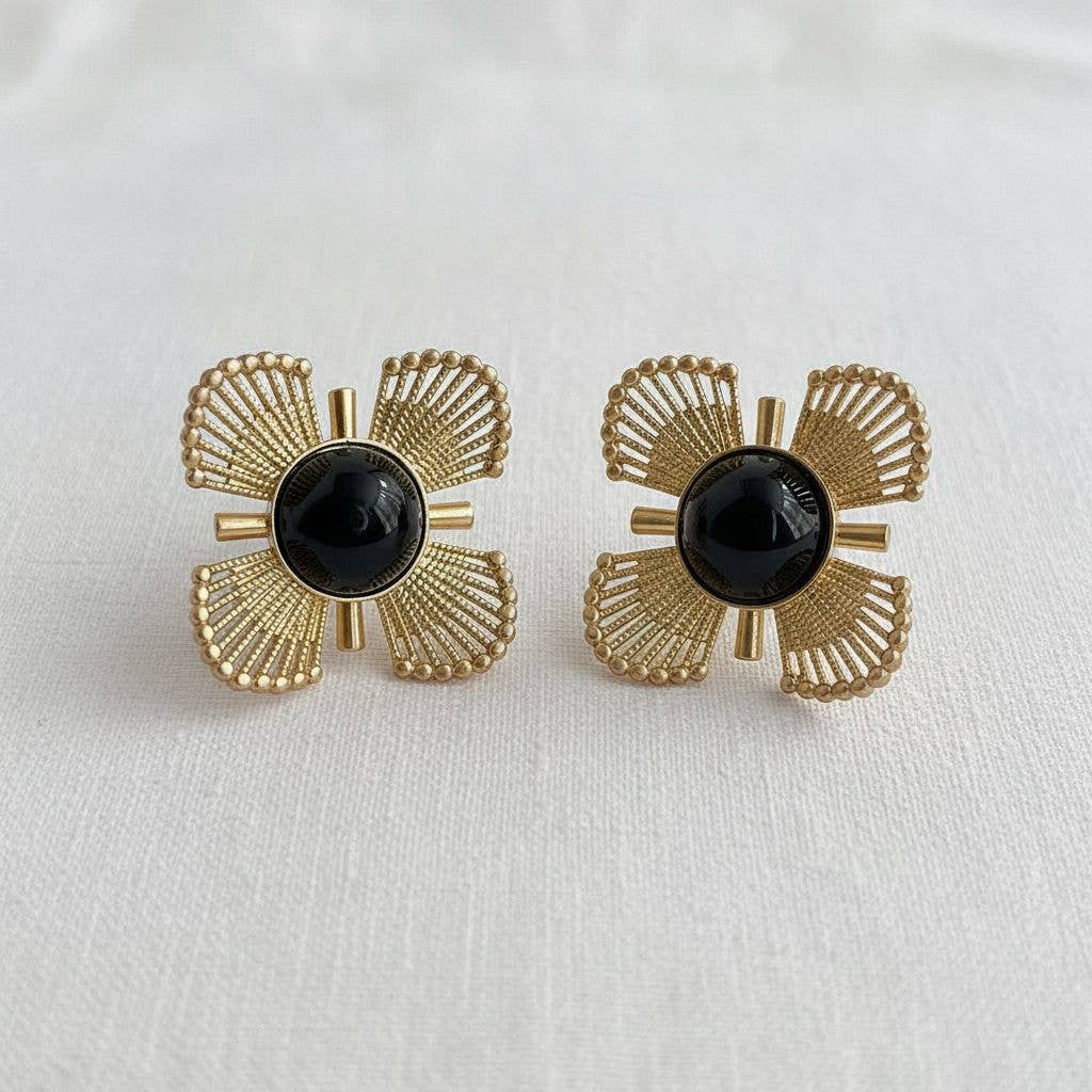 Vintage Floral Design Black Gold Earrings