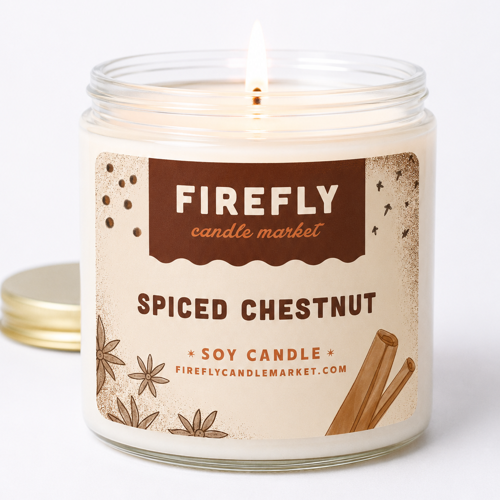 A lit Firefly Candle Market 'Spiced Chestnut' soy candle in a clear glass jar with a cream-colored wax and a brown and beige label, shown with its gold lid on a white background.