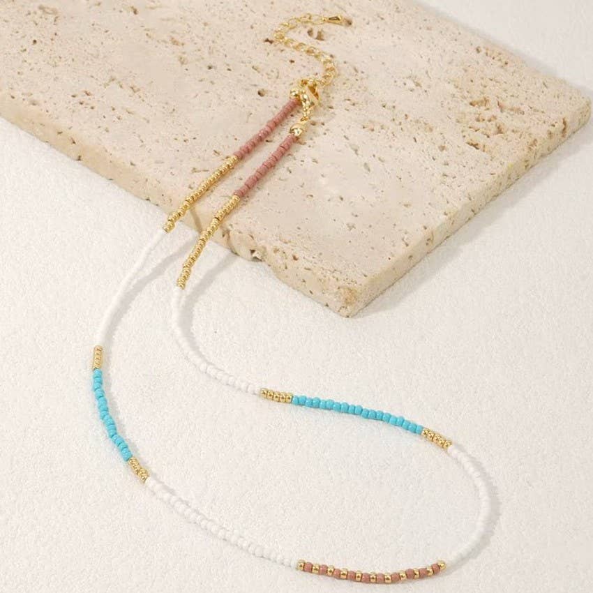 Boho Beaded Necklace, Multi Teal