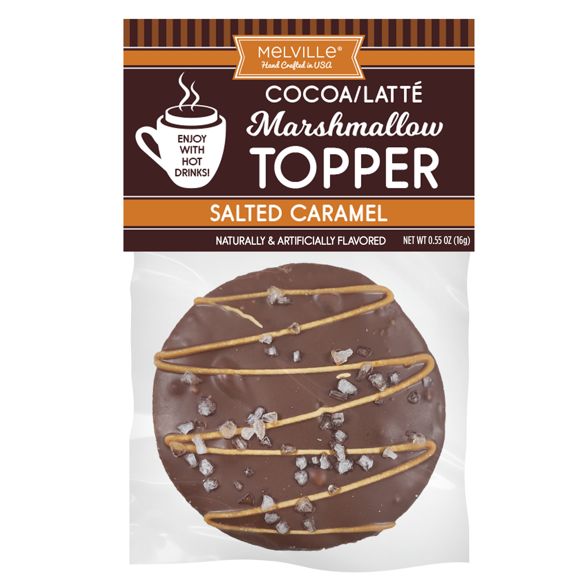 Melville Marshmallow Topper packaging with salted caramel flavor on a white background