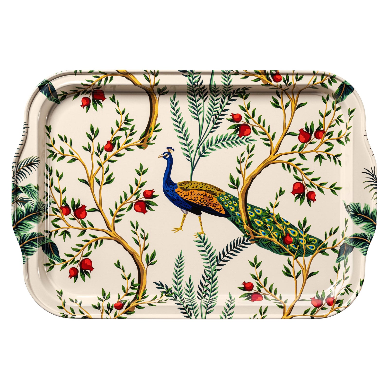 Decorative tray with peacock and floral design on a white background