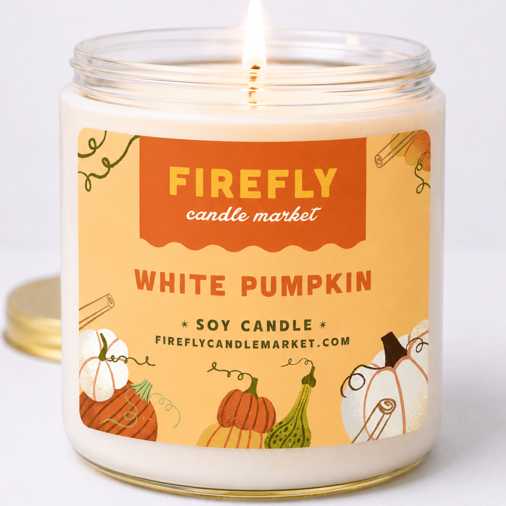 White pumpkin candle with 'Firefly Candle Market' label on a white background