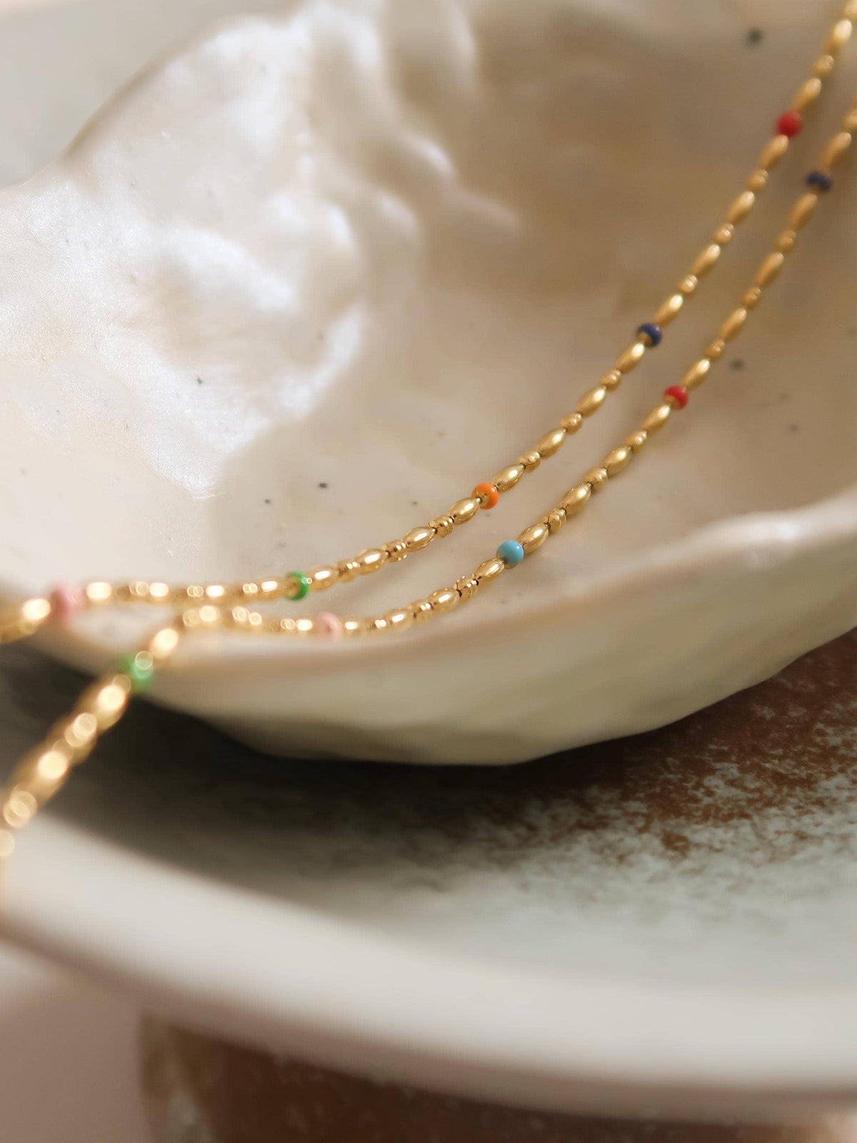 18K Gold Non-Tarnish Petite Beaded Necklace: Multi-Colored
