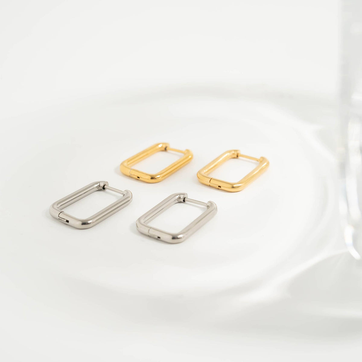 18K Gold PVD Rounded Rectangle Everyday Huggie Earrings: Stainless