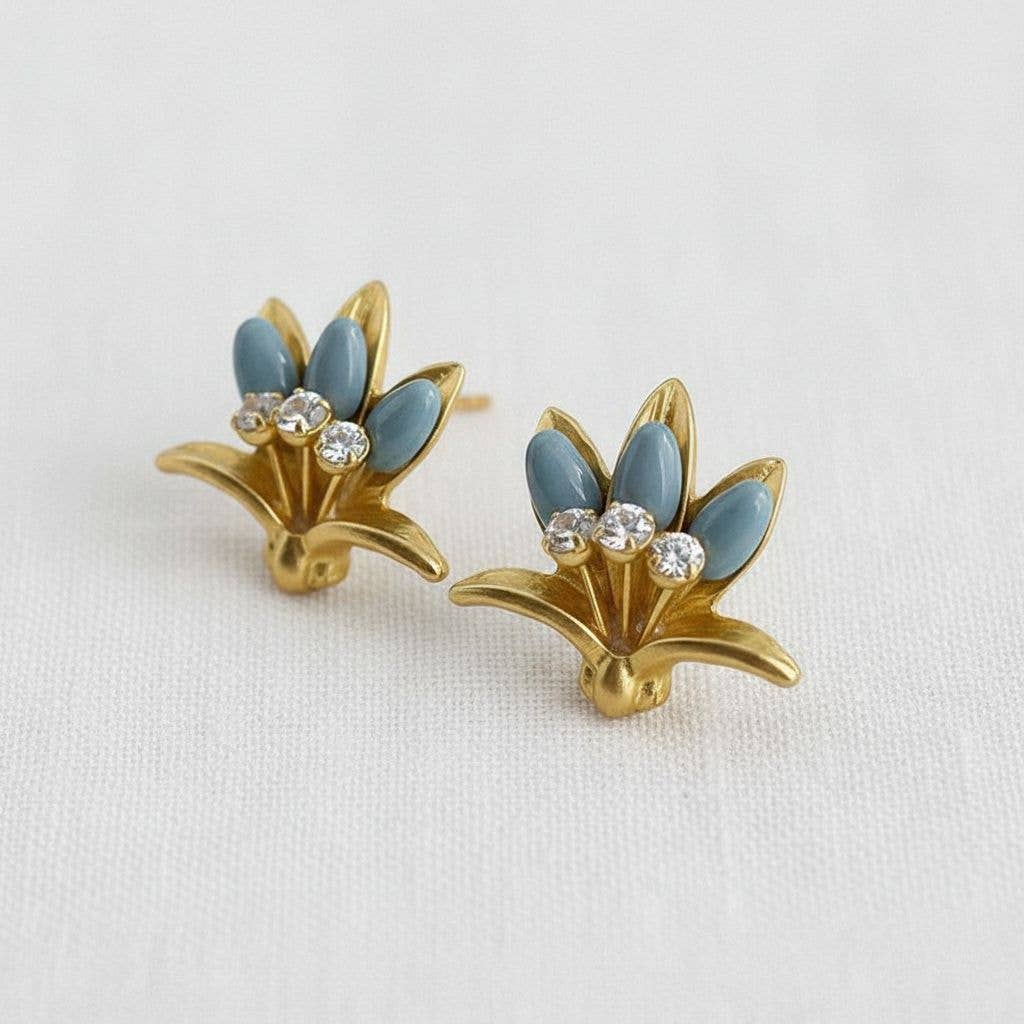 Vintage Floral Drop Earrings with Blue Accents