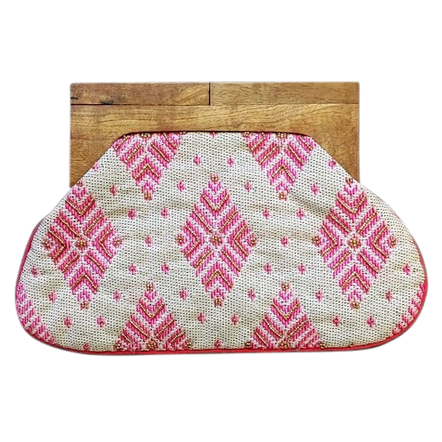 Beaded Clutch with Wooden Handle, Pink/White