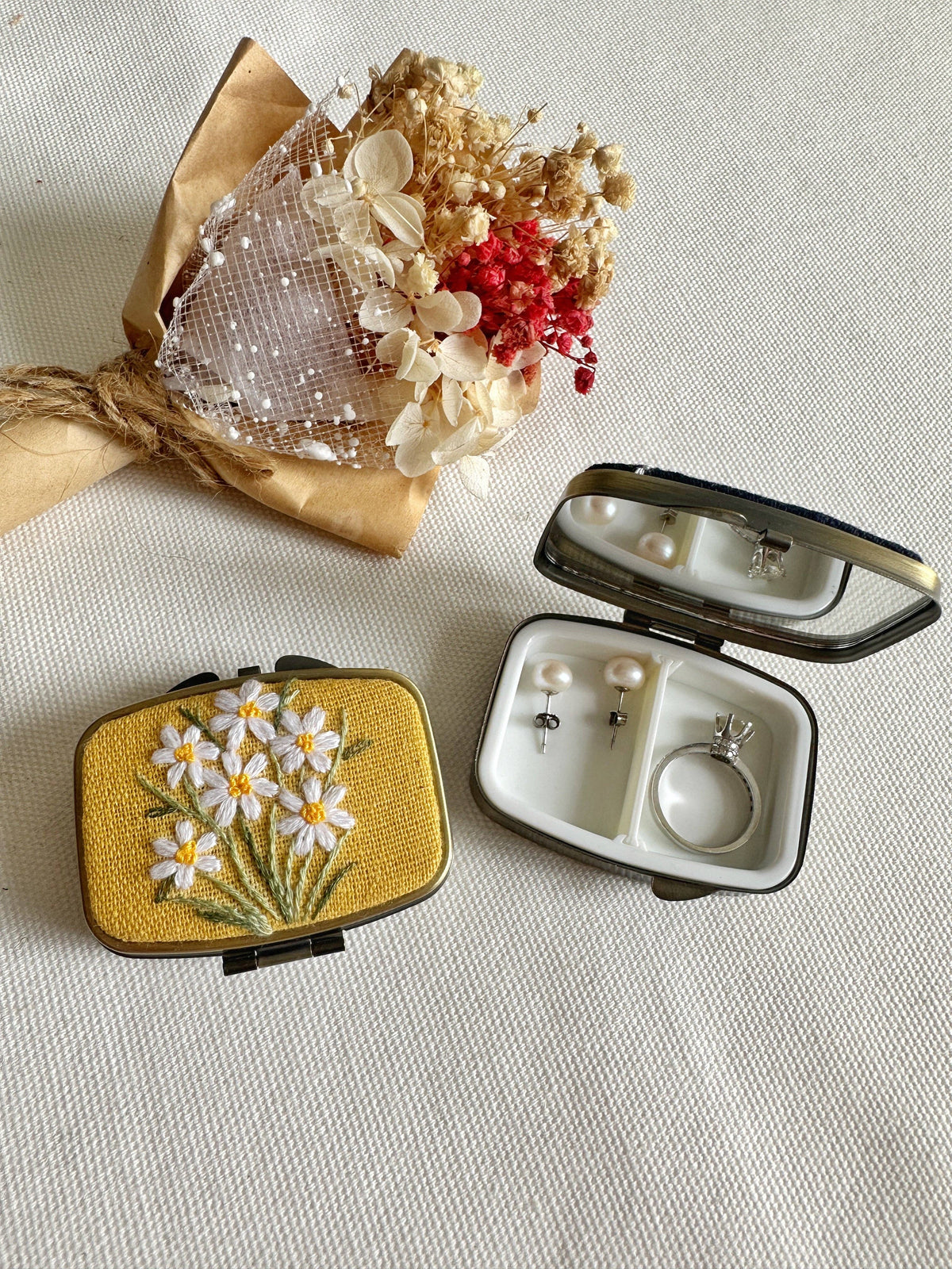 Floral Embroidered Rectangle Mini Jewelry Box With Mirror | Flower Garden
