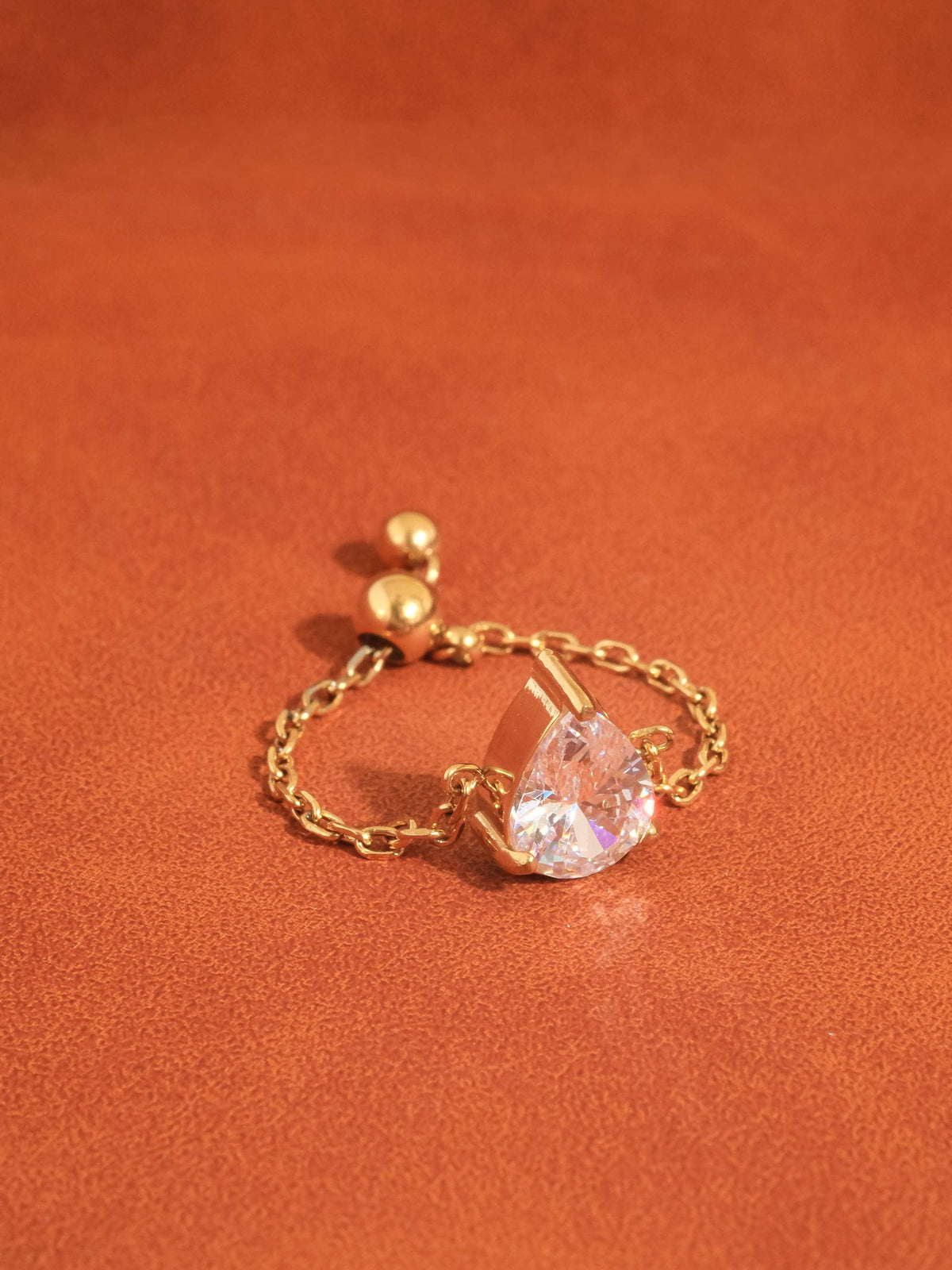 18K Gold Pear CZ Adjustable Chain Ring: Yellow Gold