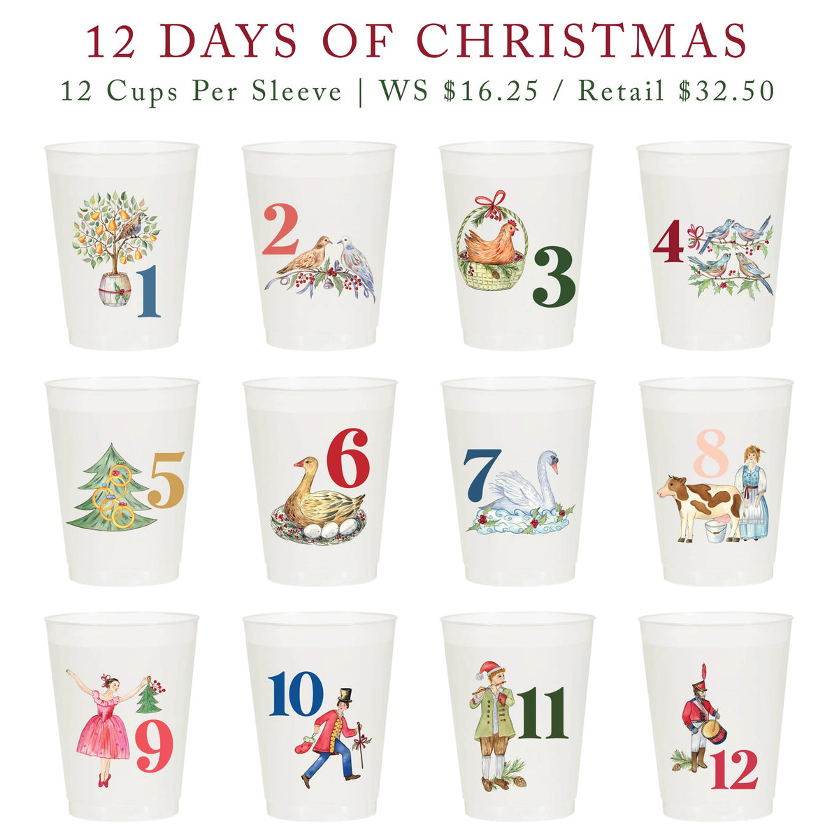 12 Days of Christmas Frosted Cups / Set of 12 Cups