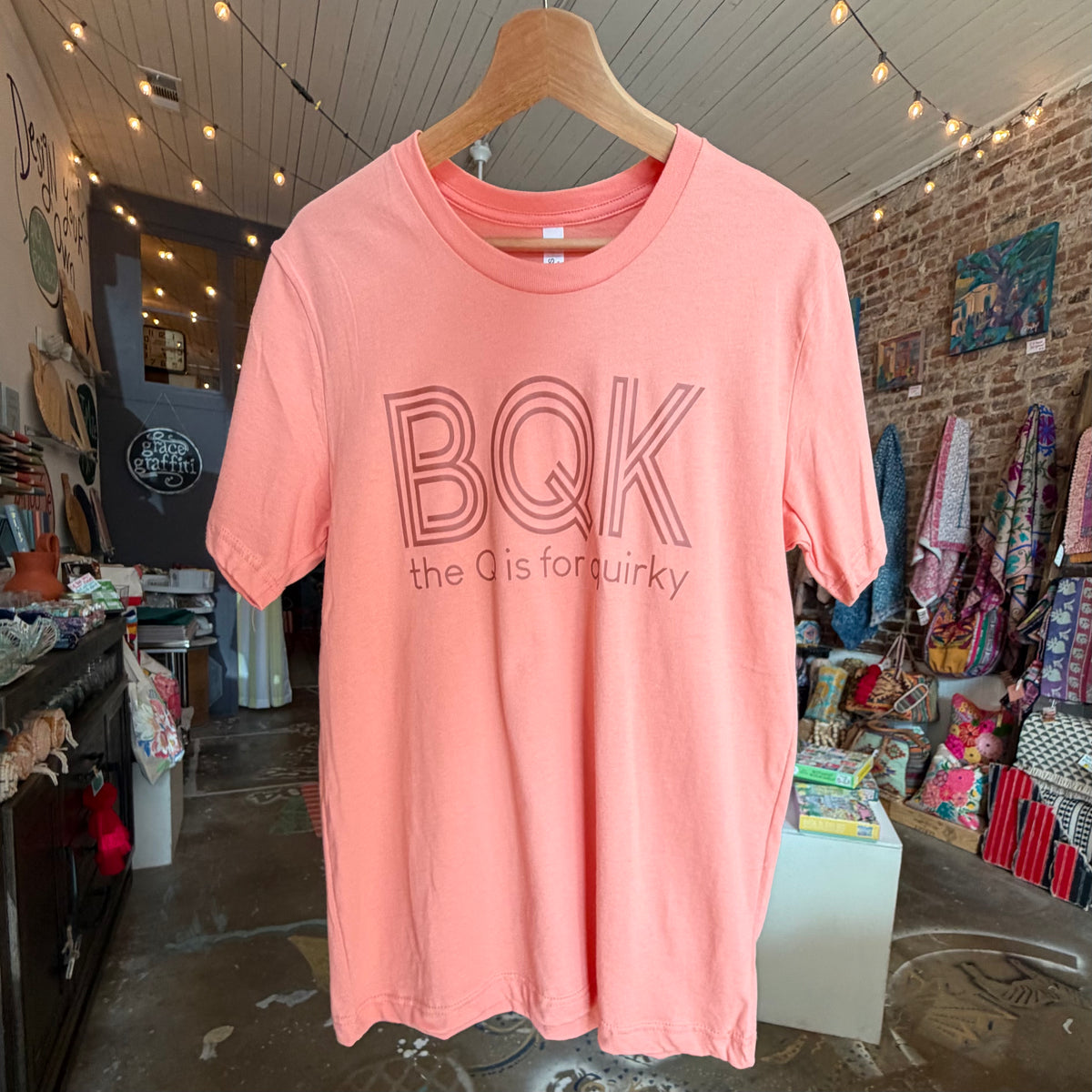 Short Sleeve T-Shirt: BQK, the Q is for Quirky, Coral