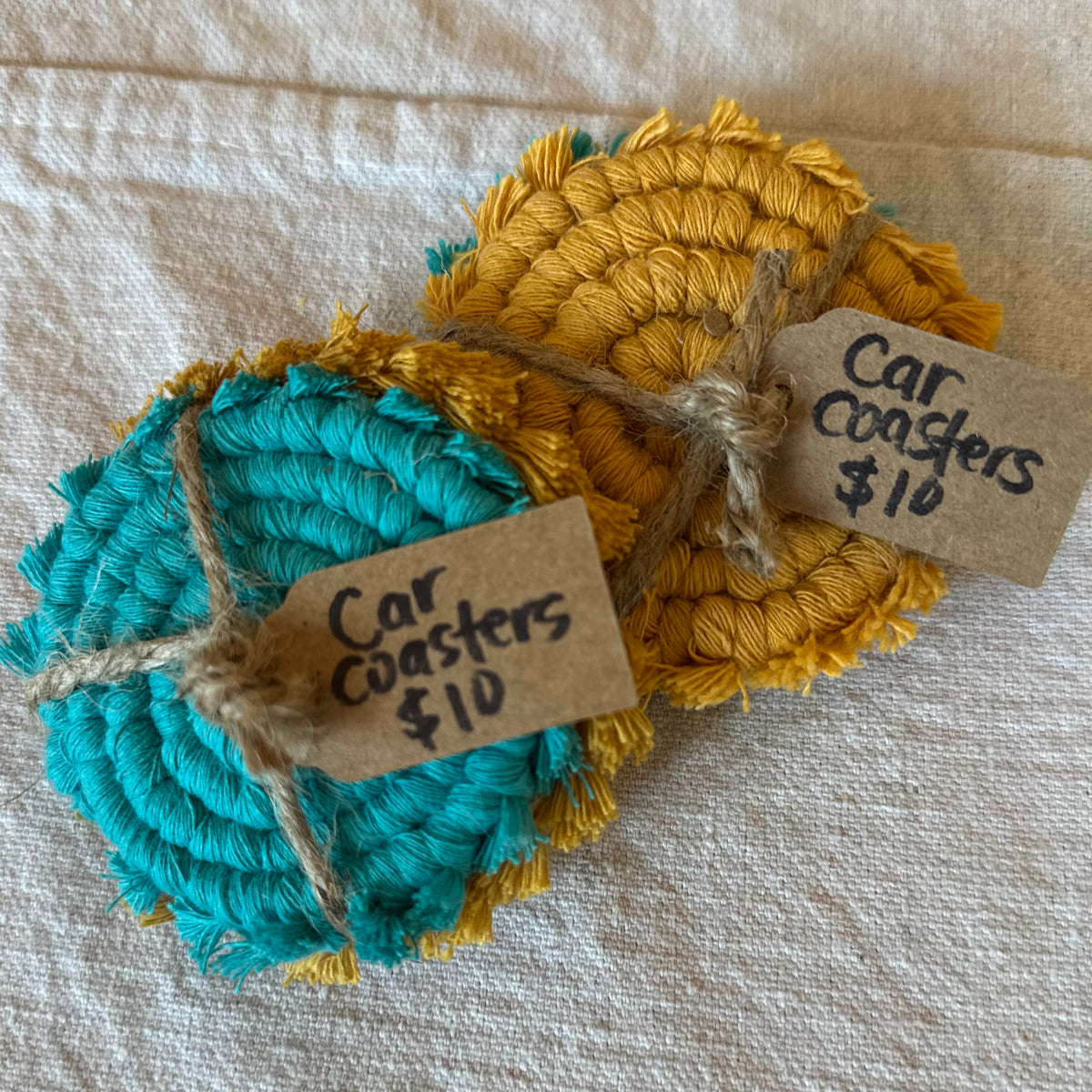 Macramé Car Coasters, Set of 2 in Sunshine Yellow &amp; Ocean Teal