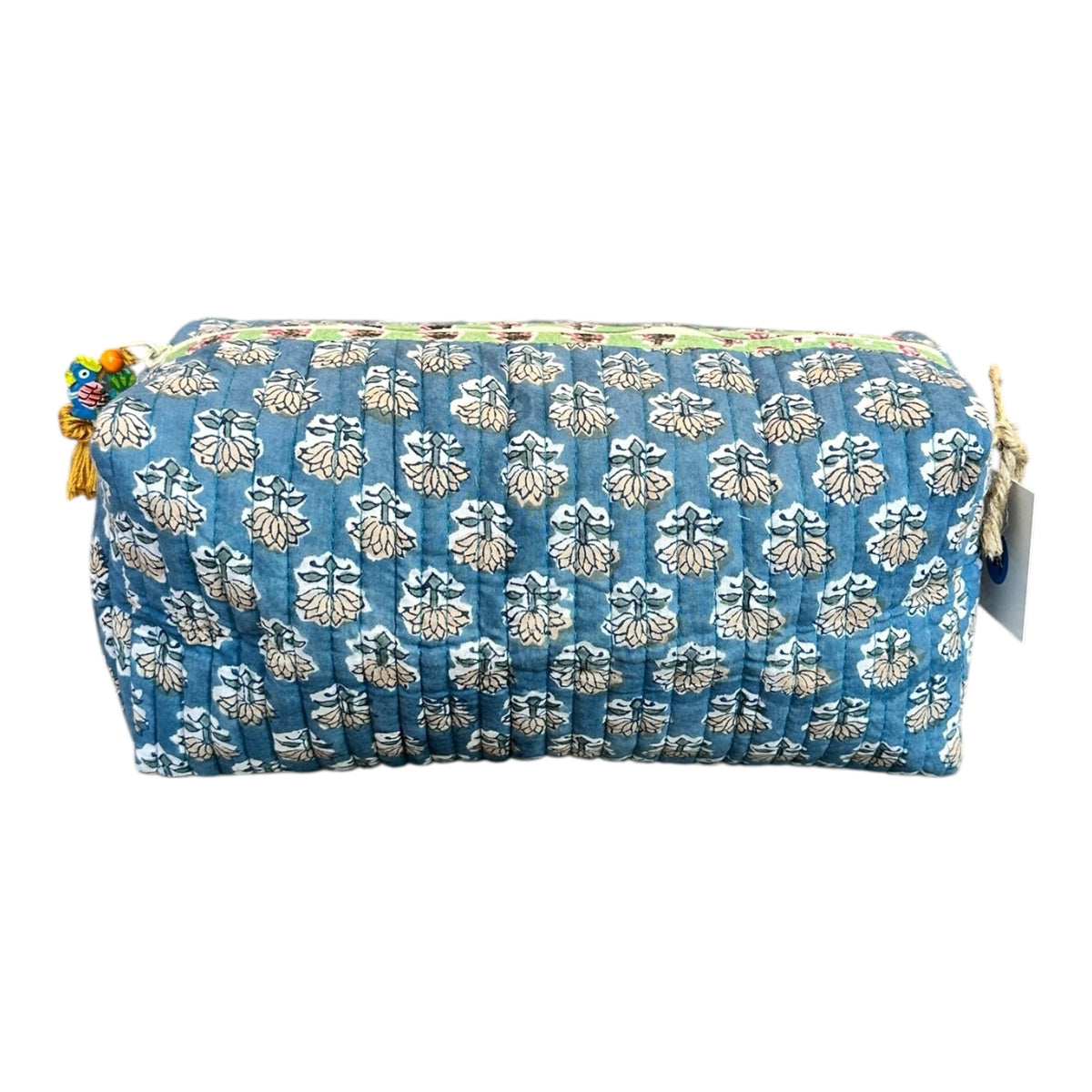 Block Print Cotton Cosmetic Bag by Tribe Bohemian Home- Blue with Green Zipper