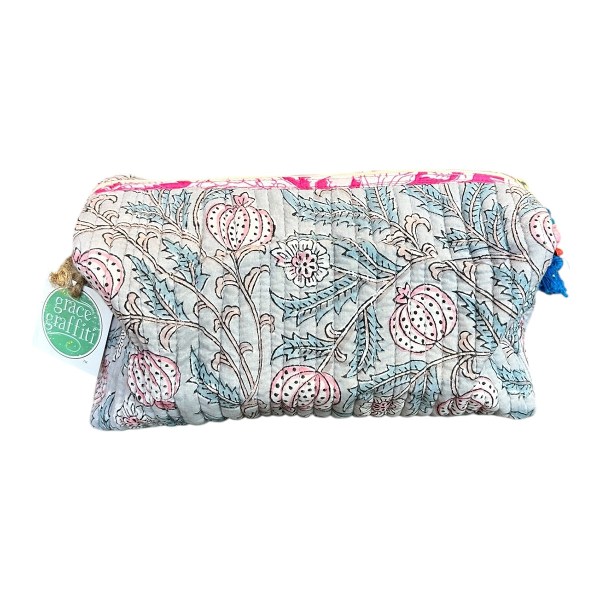 Block Print Cotton Cosmetic Bag by Tribe Bohemian Home- Blue with Pink Zipper
