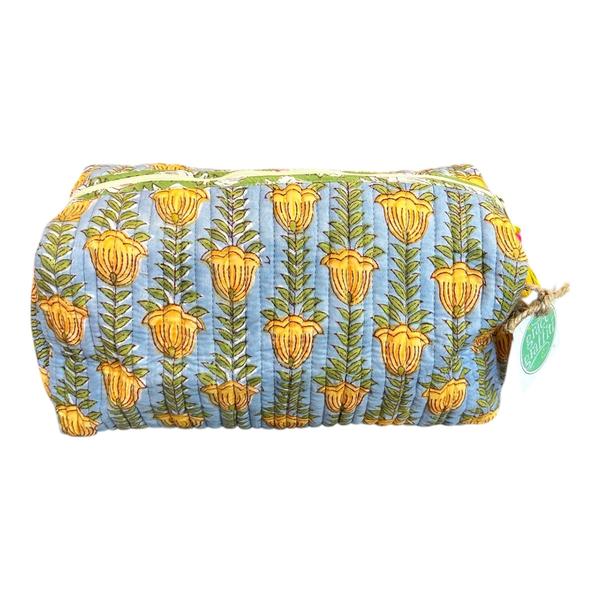 Block Print Cotton Cosmetic Bag by Tribe Bohemian Home- Blue & Yellow