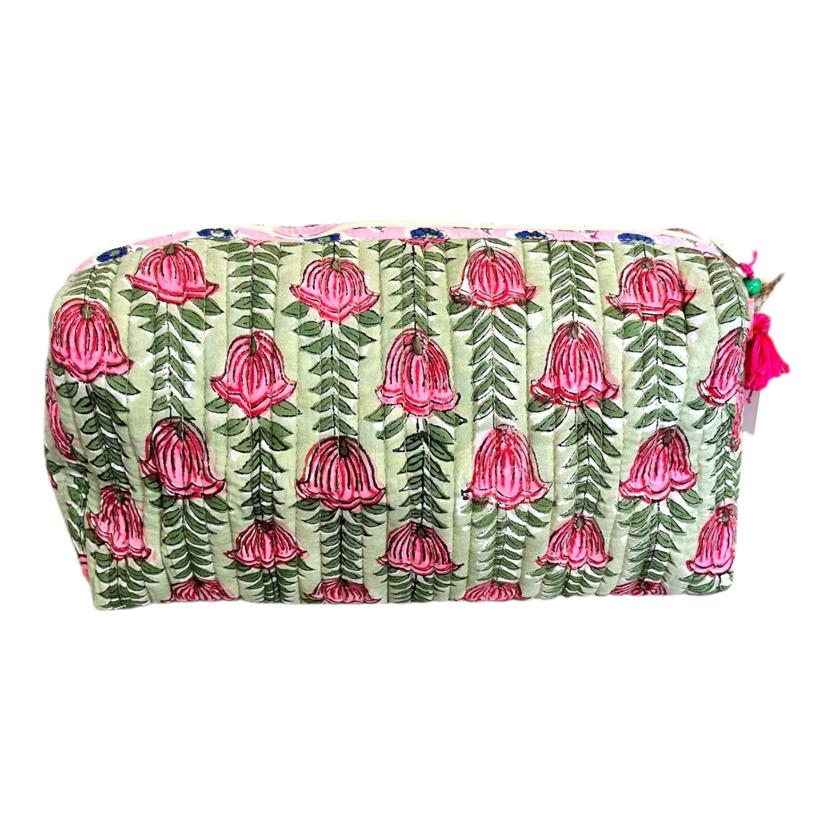 Block Print Cotton Cosmetic Bag by Tribe Bohemian Home- Green & Pink Flowers