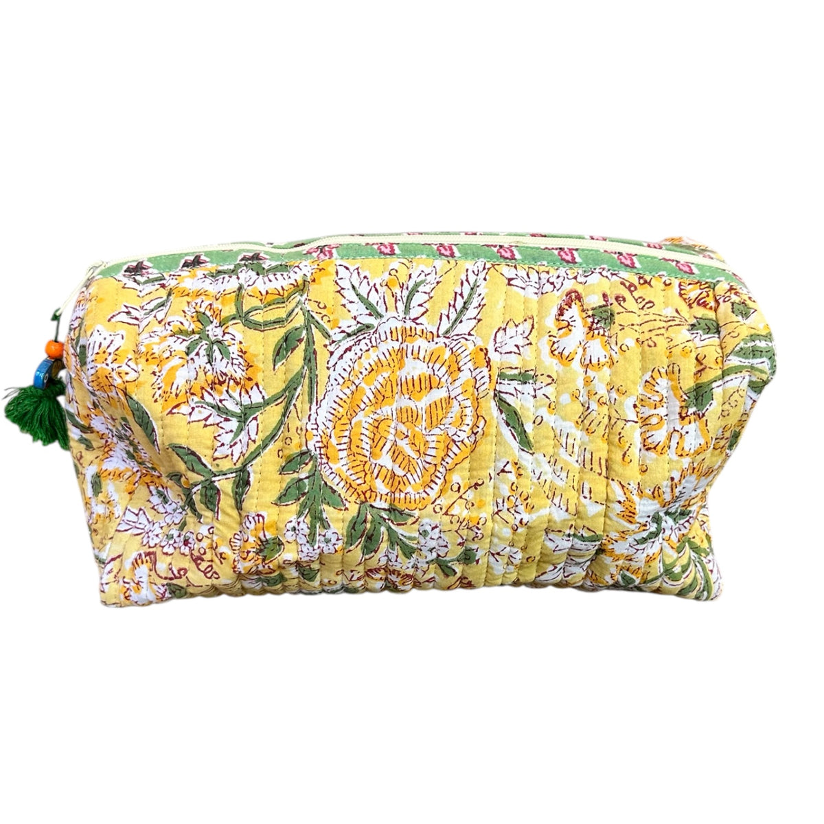 Block Print Cotton Cosmetic Bag by Tribe Bohemian Home- Yellow Flowers