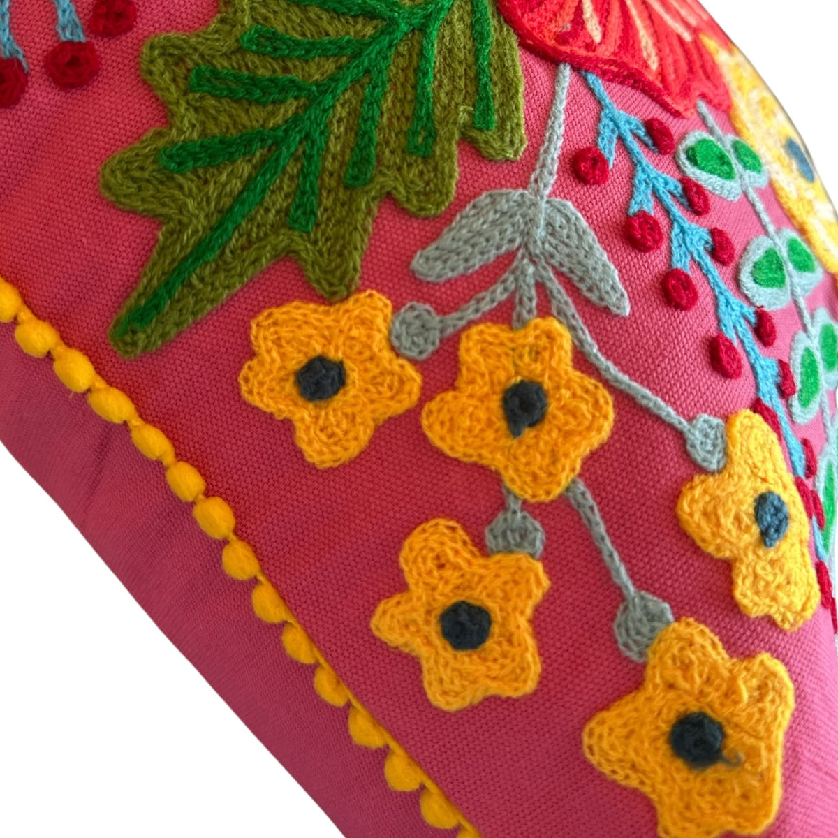 Hand Embroidered Floral Down Filled Pillow: Pink with Yellow Trim
