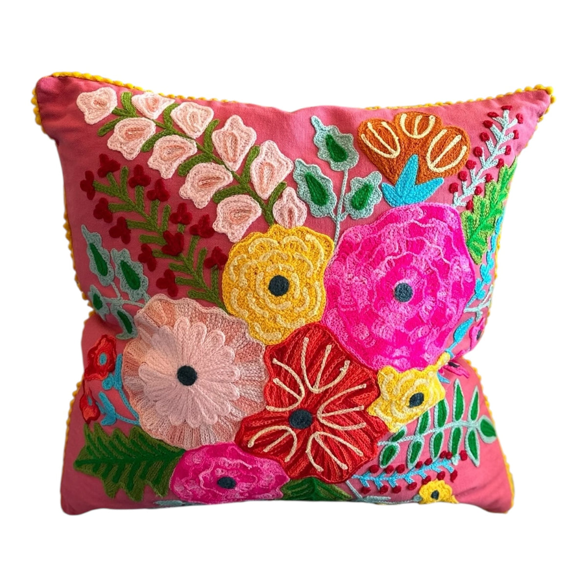 Hand Embroidered Floral Down Filled Pillow: Pink with Yellow Trim