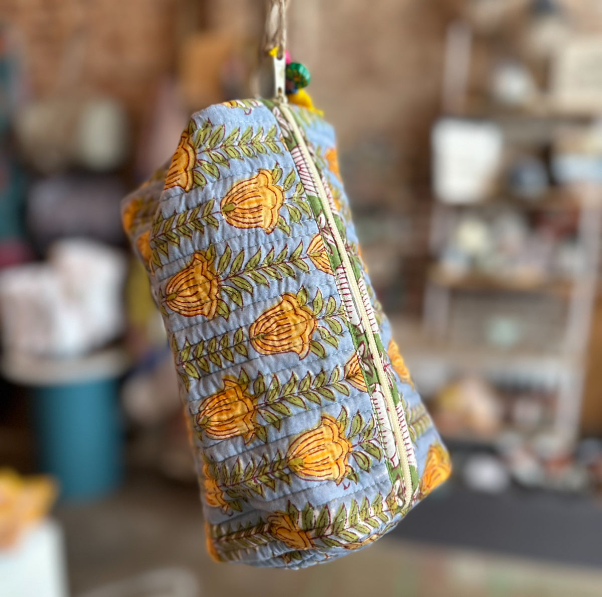 Block Print Cotton Cosmetic Bag by Tribe Bohemian Home- Blue &amp; Yellow