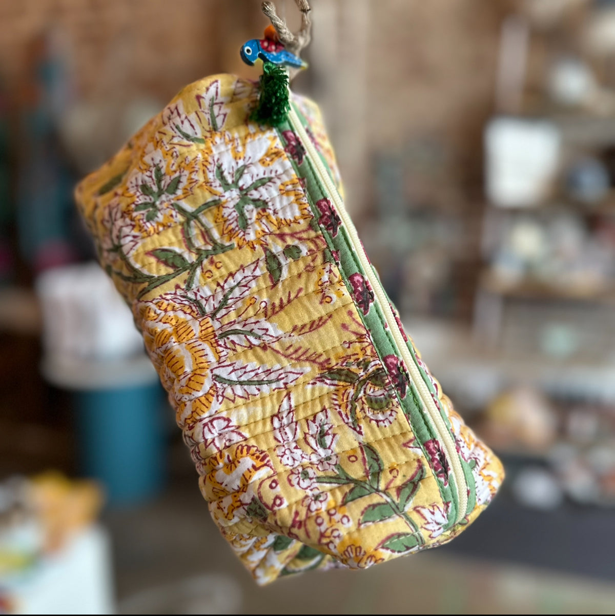Block Print Cotton Cosmetic Bag by Tribe Bohemian Home- Yellow Flowers