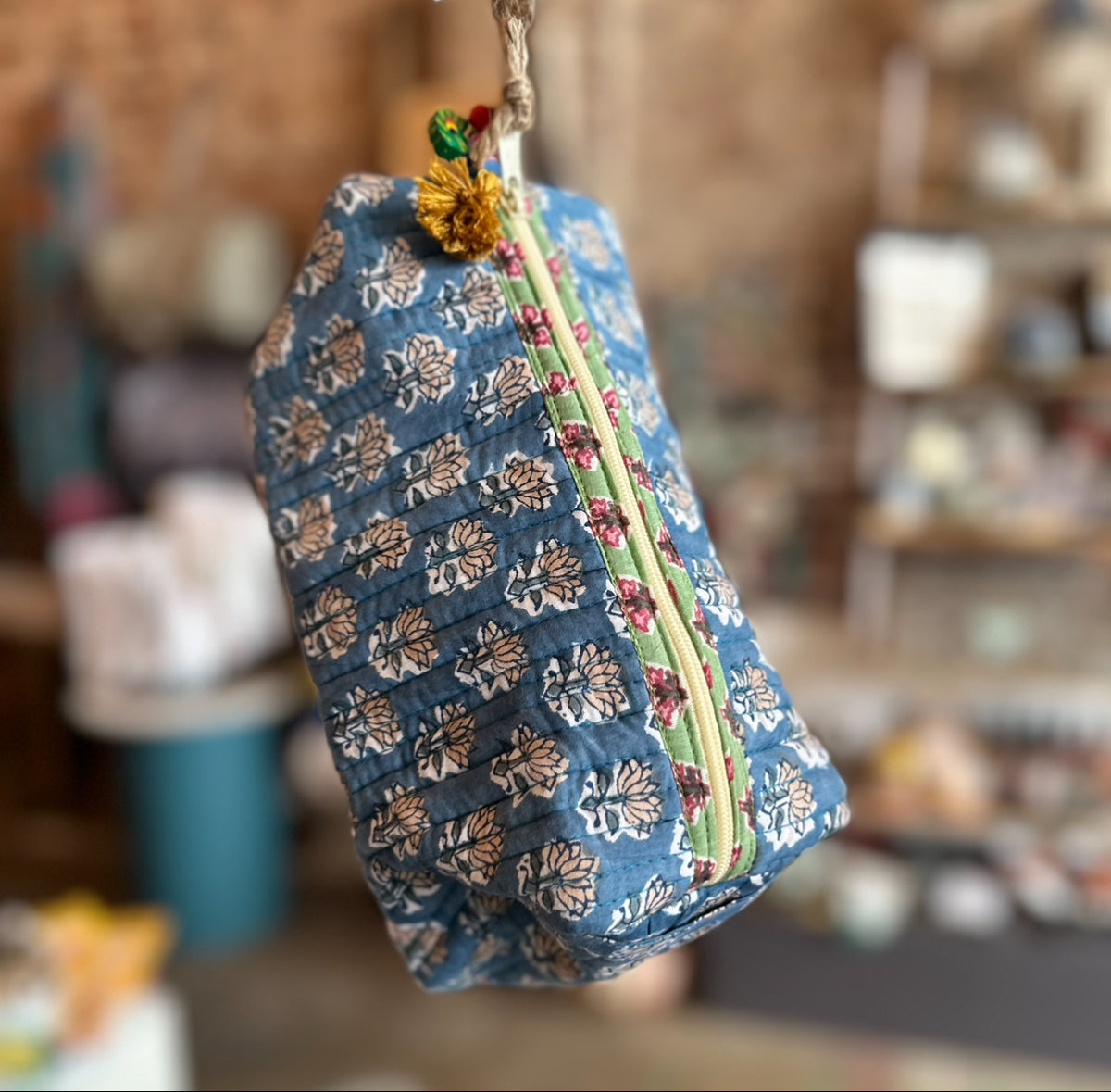 Block Print Cotton Cosmetic Bag by Tribe Bohemian Home- Blue with Green Zipper
