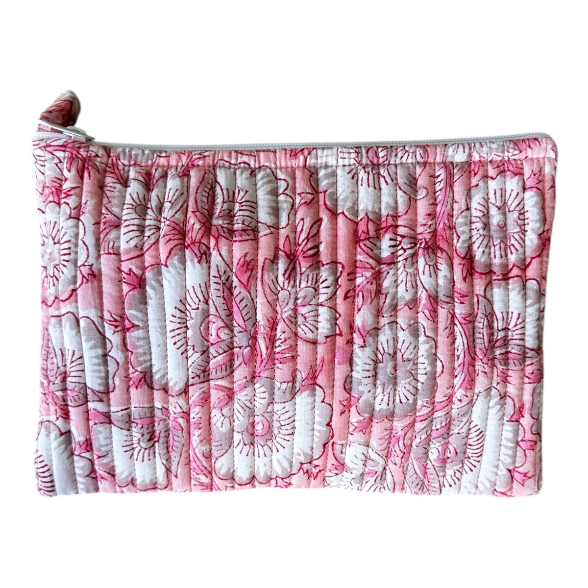 Small Block Print Cotton Cosmetic Pouch by Tribe Bohemian Home- Pink