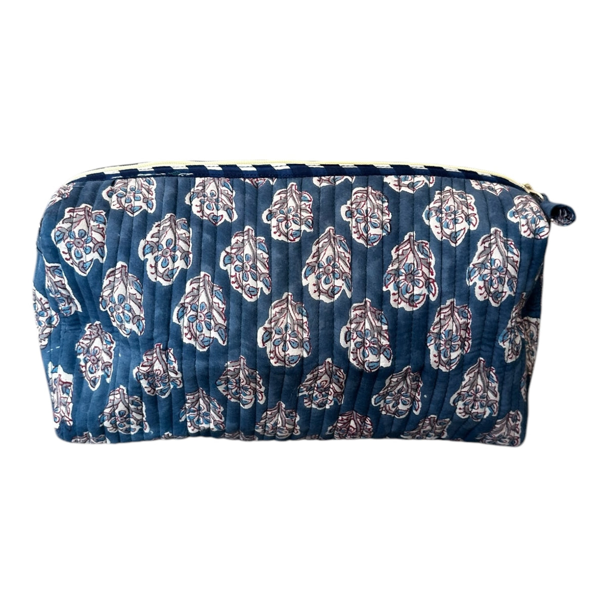 Large Block Print Cotton Cosmetic Bag by Tribe Bohemian Home- Blue