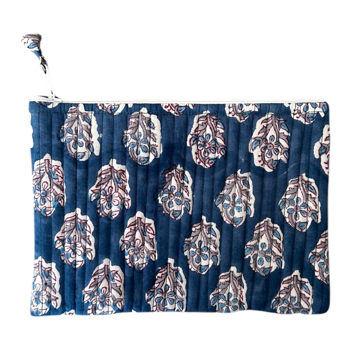 Small Block Print Cotton Cosmetic Pouch by Tribe Bohemian Home- Blue