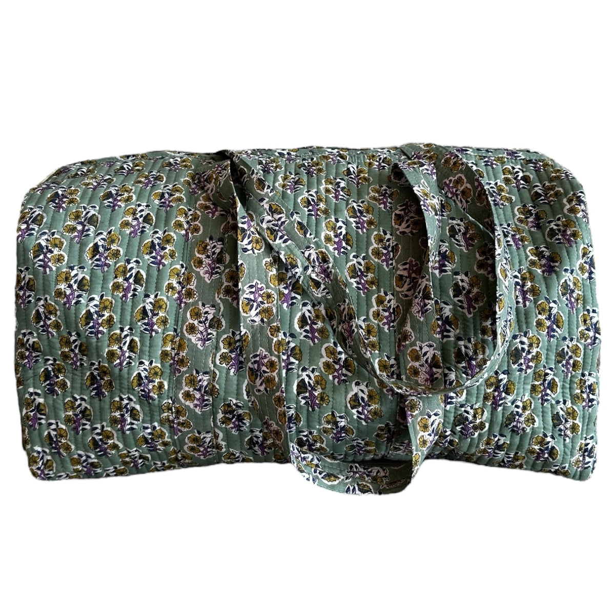 Large Block Print Cotton Duffel by Tribe Bohemian Home- Green