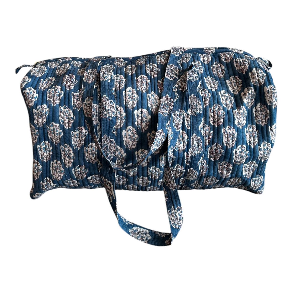 Large Block Print Cotton Duffel by Tribe Bohemian Home- Blue