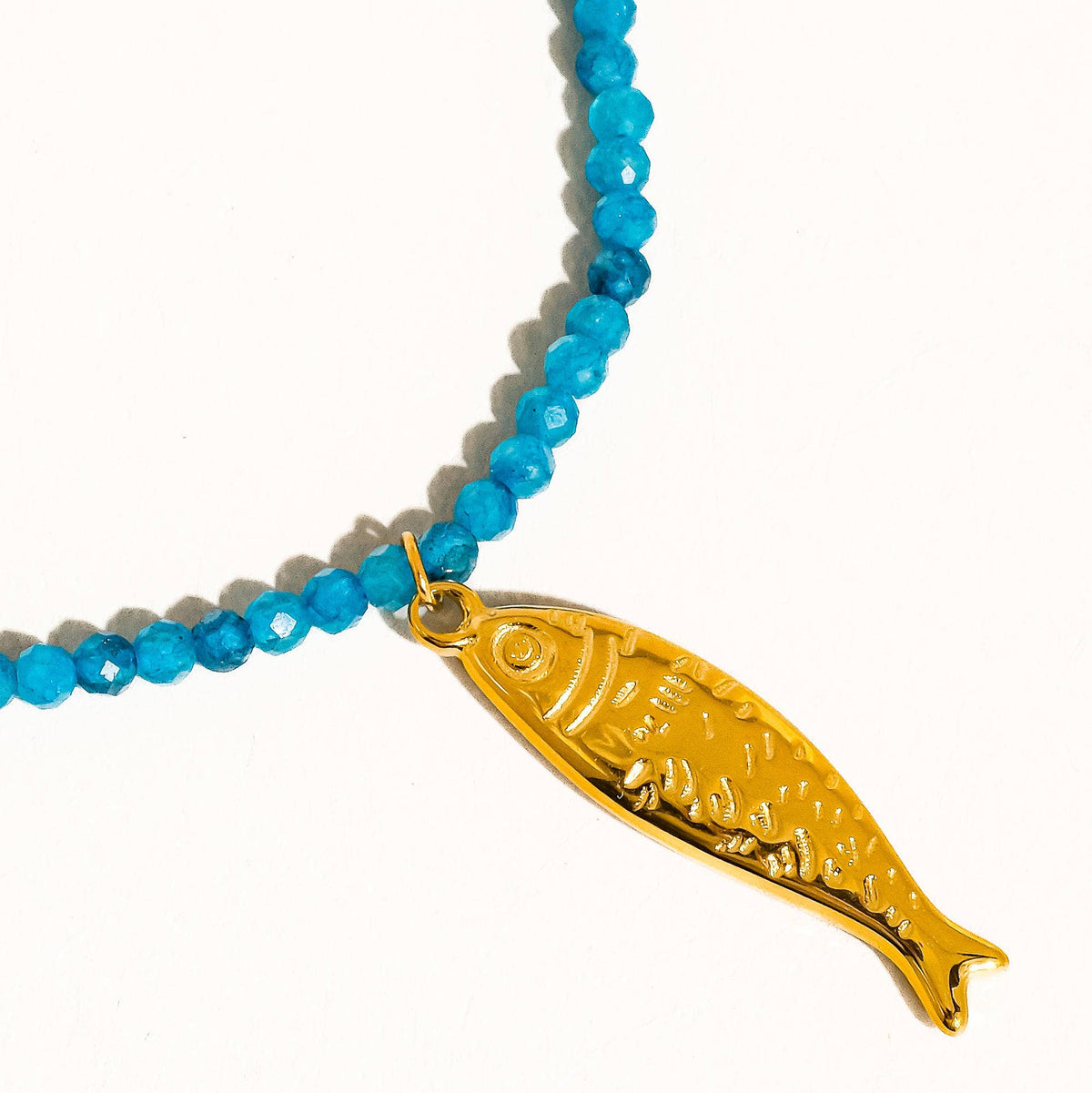 18K Gold Non-Tarnish Fish Beaded Necklace: Blue