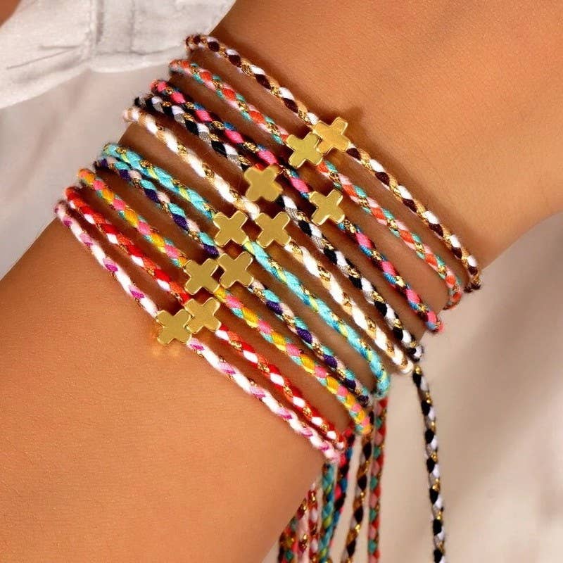 Corded Cross Charm Bracelet, Multi Bright