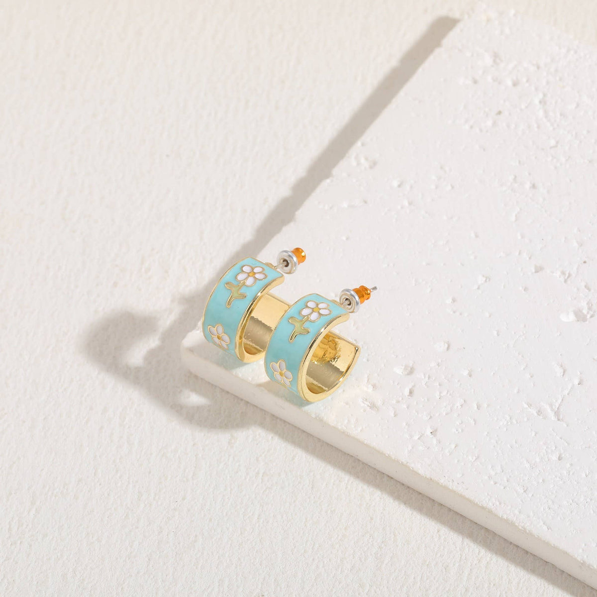 Cloisonne Aztec Huggie Hoop Earrings, Light Blue