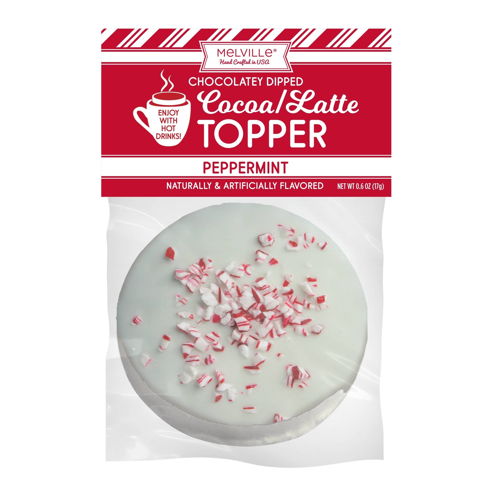 Melville Peppermint Chocolaty Dipped Cocoa/Latte Topper in a clear plastic bag with a red and white header card. The topper is round, white, and sprinkled with crushed candy cane pieces.
