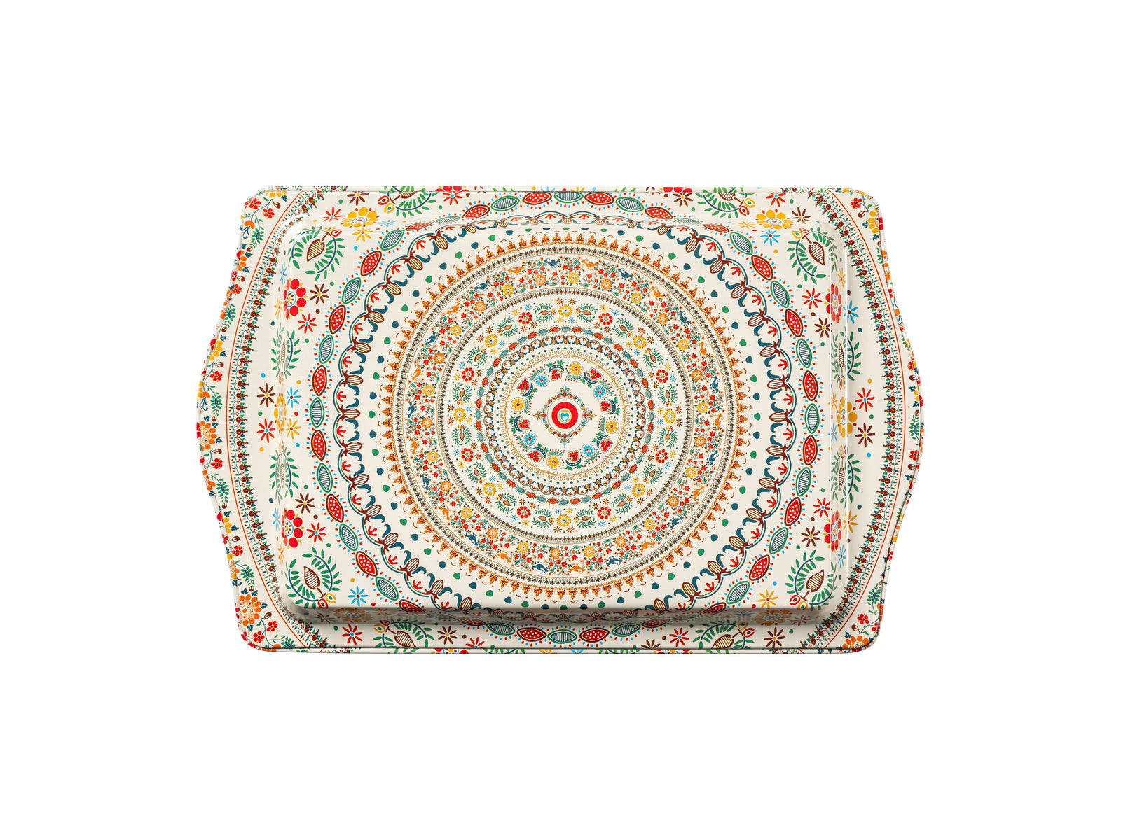 Decorative tray with a colorful mandala design on a white background