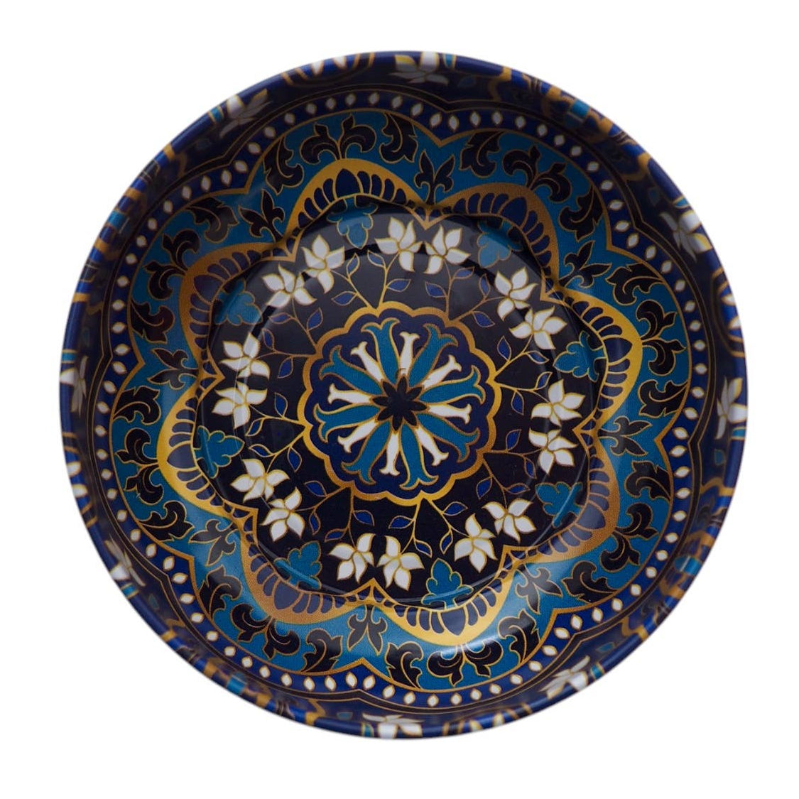 Decorative plate with intricate blue and white floral pattern on a white background