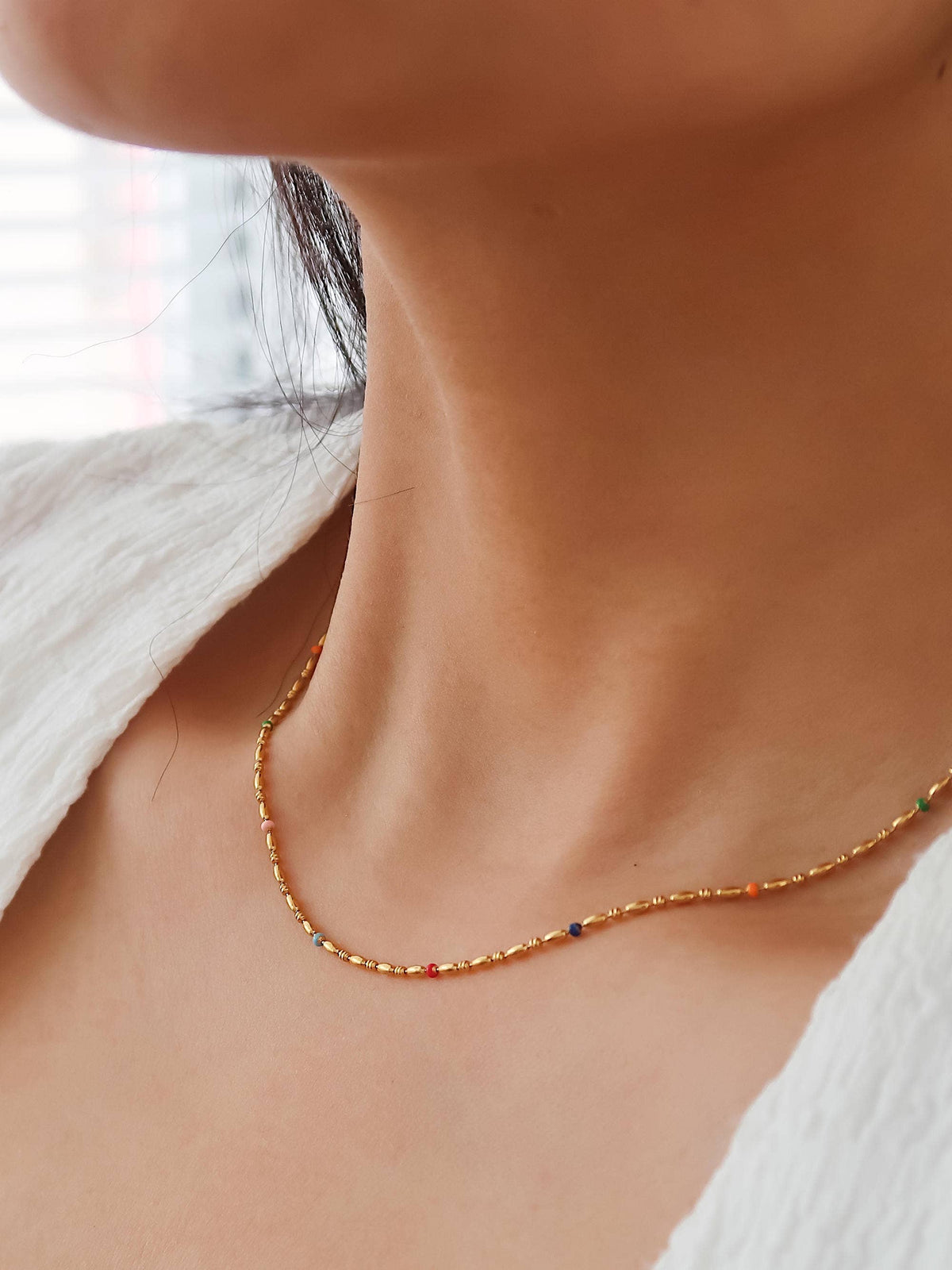 18K Gold Non-Tarnish Petite Beaded Necklace: Multi-Colored